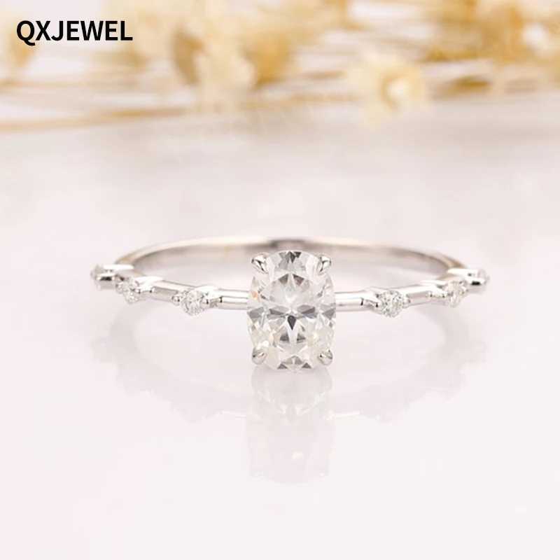 QXJEWEL 1CT Oval Colorless Moissanite Engagement Ring Pass Diamond Tester 14K White Gold For Women Dainty Gift Free Shipping