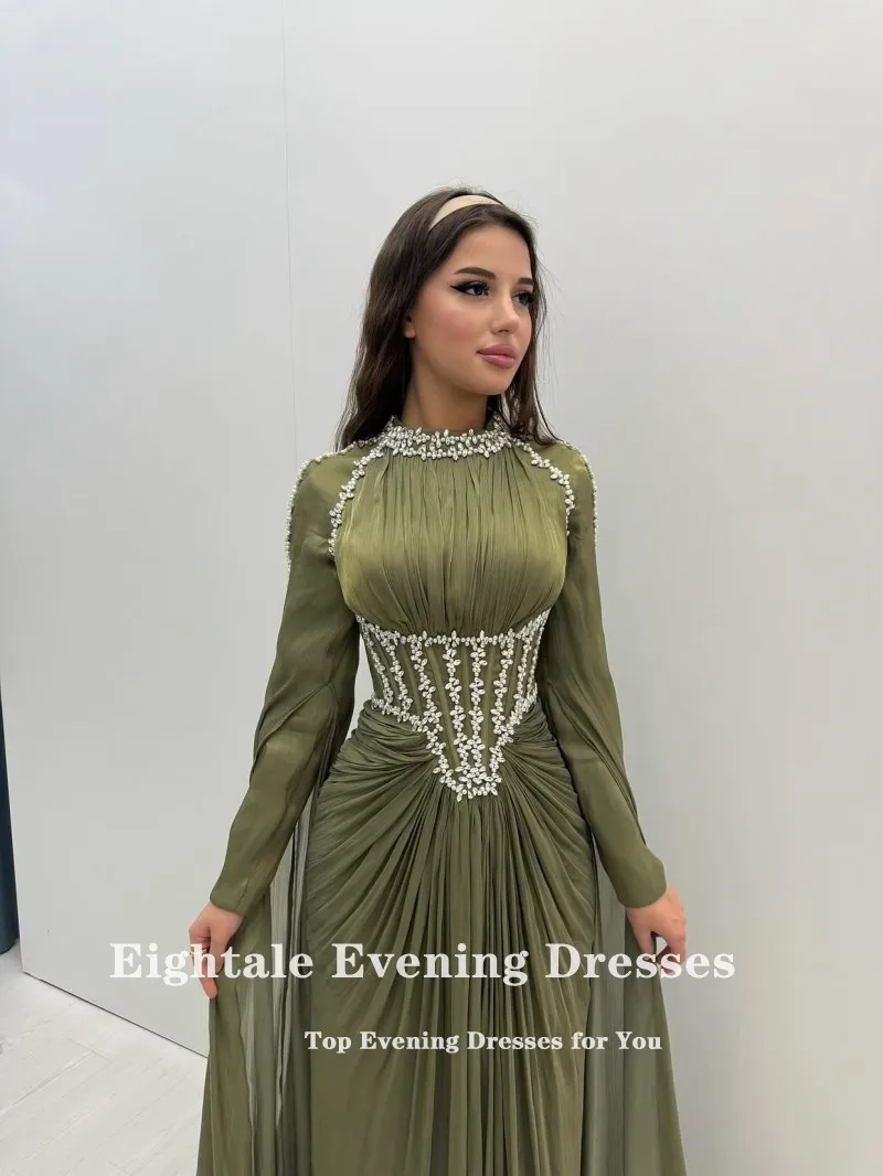 فستان سهرة أخضر عسكري من Eightale برقبة عالية مخصص مطرز عربي للحفلات الراقصة من الساتان بأكمام طويلة لحفلات الزفاف فيستدوس دي غالا