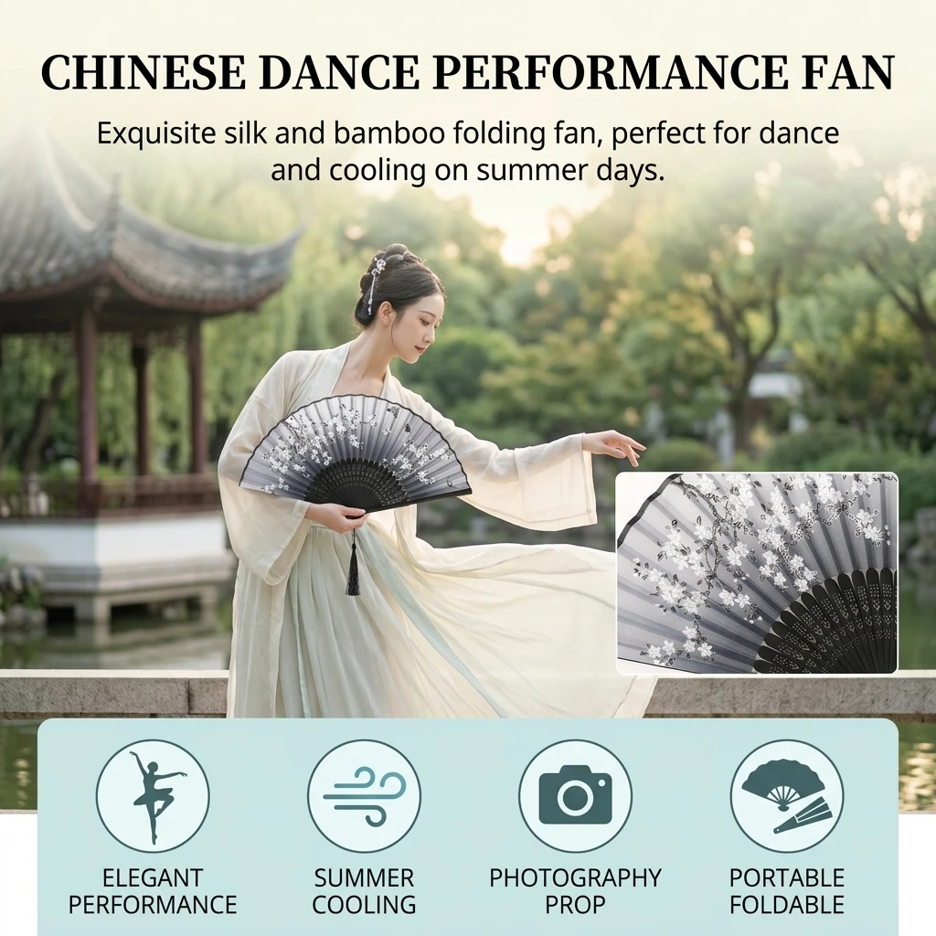 1pc Folding Fan Bamboo Cloth Material for Summer Cooling Vintage Chinese Hand Fan Dance Prop Women's Retro Accessory