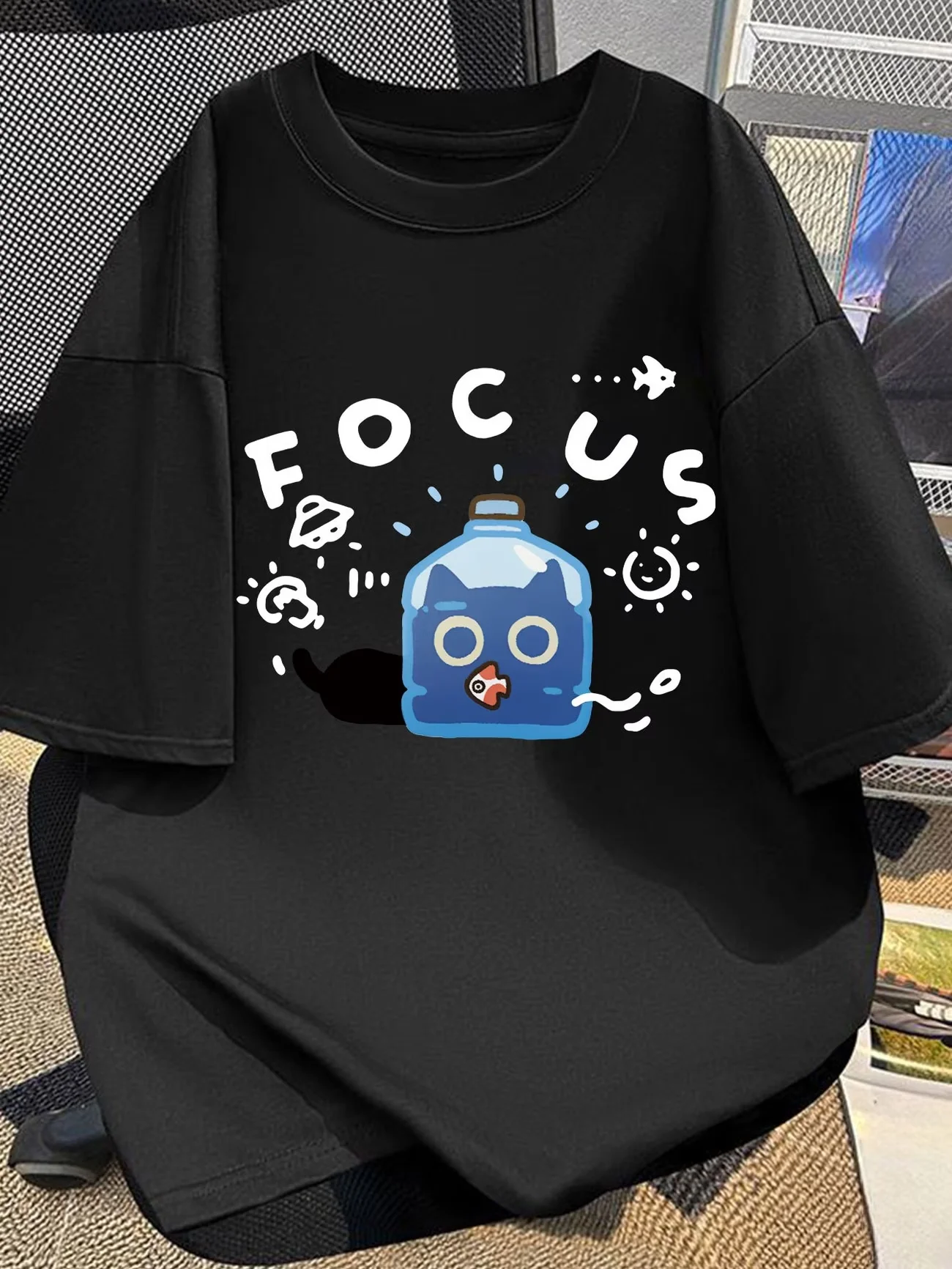 Harajuku Style Cat T-Shirt Funny Animal Graphic Tee FOCUS Letter Print Streetwear Casual Loose Fit Summer Top for Men Women