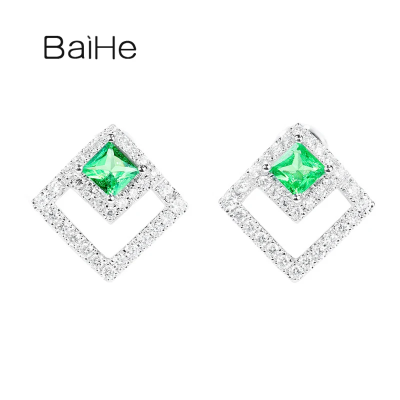 

BAIHE Solid 14K White Gold Tsavorite Natural Diamond Square Stud Earrings Women Trendy Fine Jewelry boucle d’oreille kolczyki