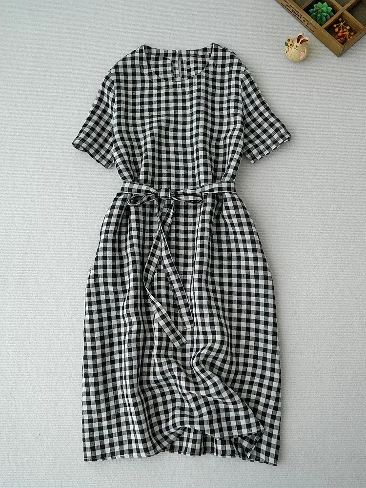 

106cm Bust / Spring Summer Women Loose Plaid Comfortable Natural Breathable Water Washed Linen Dresses