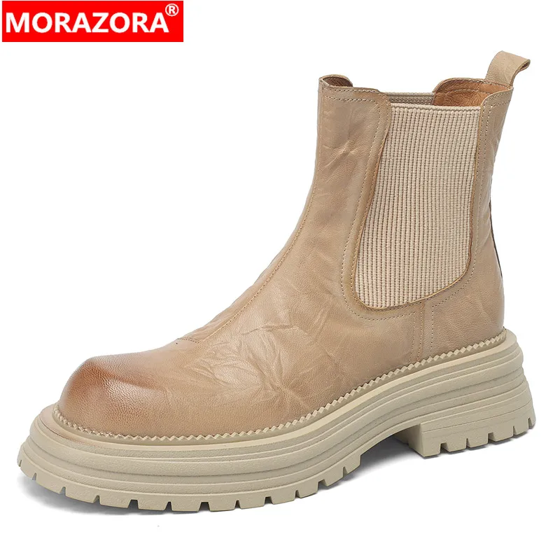 

MORAZORA 2024 New Genuine Leather Boots Women Fashion Platform Chelsea Boots Slip On Ladies Autumn Winter Ankle Boots Footwear