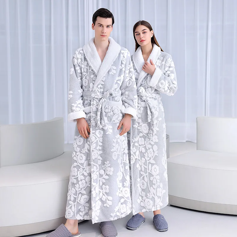 New Double Layered Thick Jacquard Comfortable Cotton Velvet Sleeping Robe for Men, Long Version with Velvet Bath Robe for Women