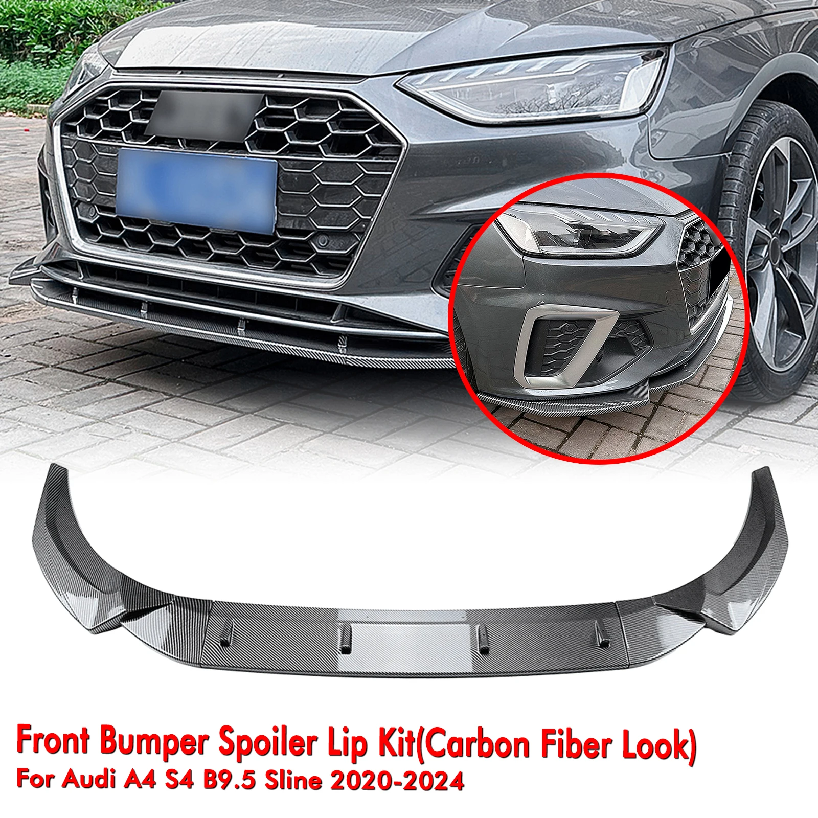 For Audi A4 S4 B9.5 Sline 2020-2024 Front Bumper Spoiler Lip Carbon Fiber Look/Gloss Black Car Lower Splitter Body Protector Kit