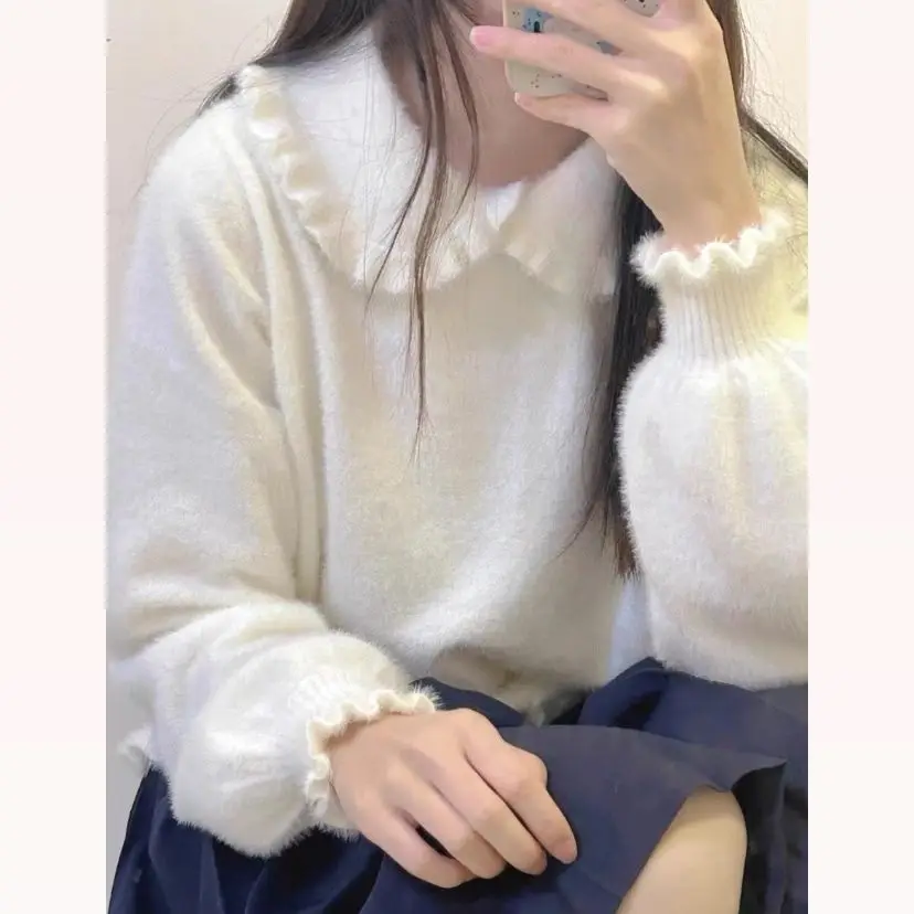

Lolita Style Sweet Fairy Sweaters Casual Loose Solid Ruffled Pullovers Y2k Aesthetic Grunge Knitwear Women Jumpers Chic
