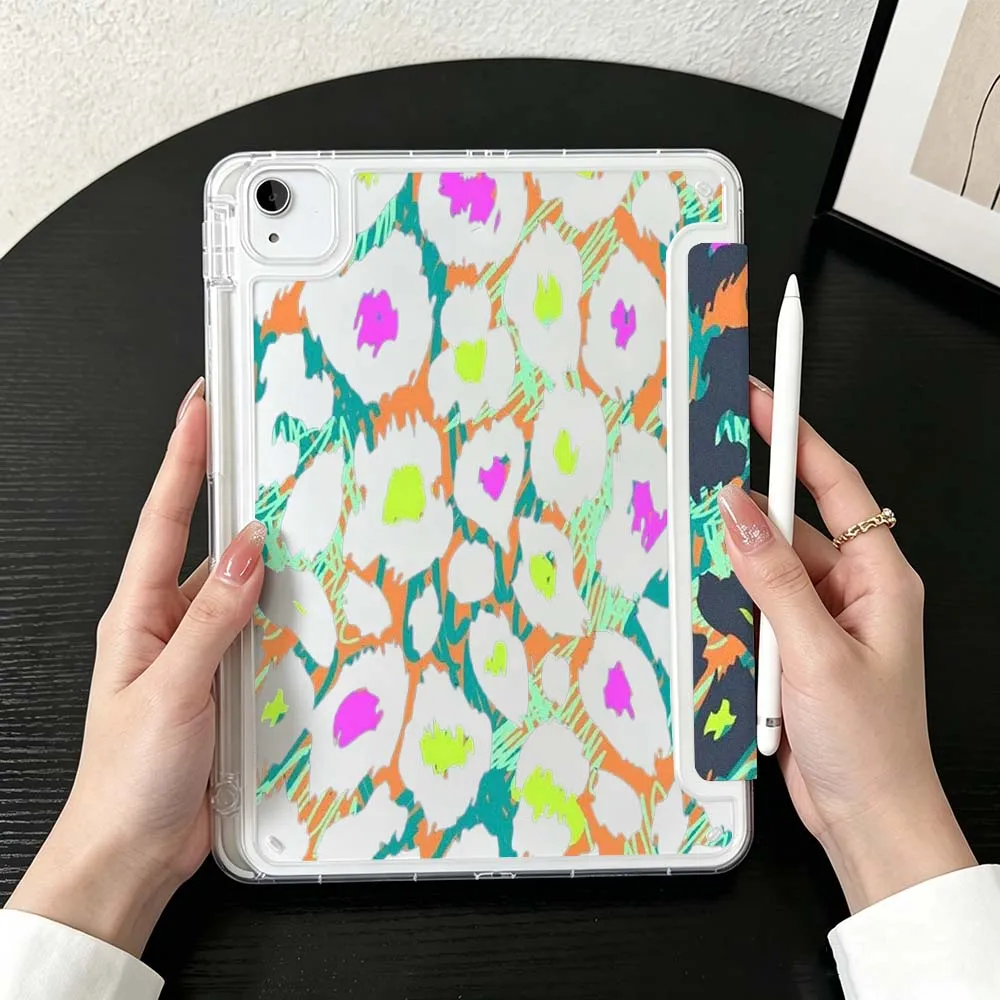 Arabic Pattern Flower Frame For iPad Mini Pro Air 5 6 7 8 9 11th 11 9.7 10.9 13 inch Transparent Y-Shaped Folding Tablet Case