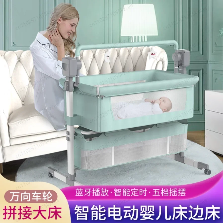 Smart Electric Baby Crib, Foldable Multifunctional Newborn Rocking Cradle, Spliceable with Adult Bed, Eco-friendly Baby Bed