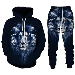 Men Hoodie Set Animal Lion 3D Print Men's Tracksuit Sets Casual Hoodie Pants 2pcs Sets Oversized Sweatshirt Fashion Men Clothing