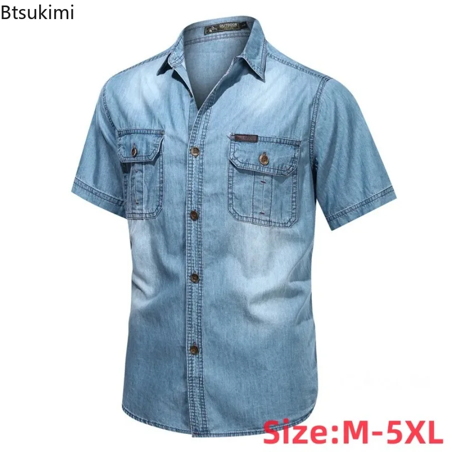 New Men's Short Sleeve Denim Shirt Trendy Handsome Casual Blouse Summer Versatile Male Lightweight Jean Shirts Outerwear Coats