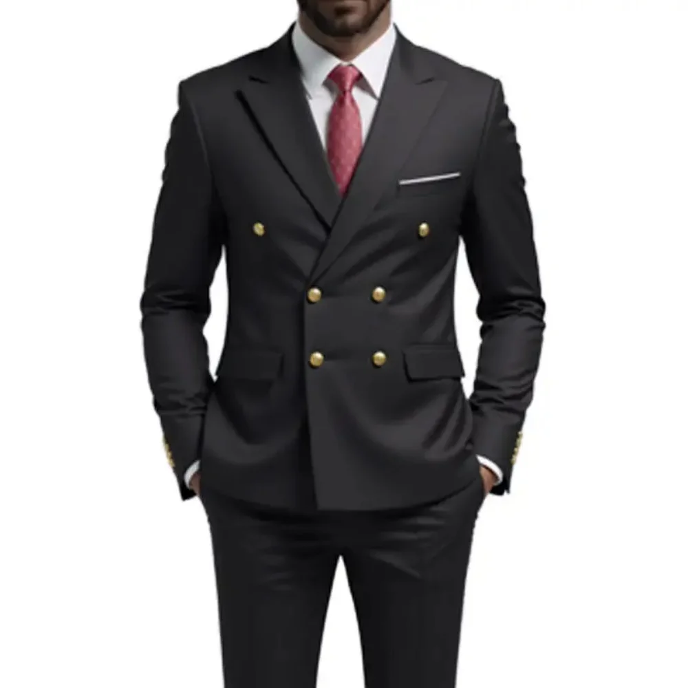

2026 Casual Black Men Suits Double-breasted Lapel Gold Button Groom Wedding Tuxedos Best Costume Homme