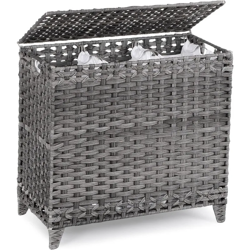 Laundry Hamper with 3 Removable Liner Bags; 132L Handwoven Rattan Laundry Basket with Lid & Heightened Feet; Clothes Hamper