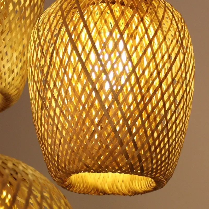 ‌Bamboo Lampshade LED Pendant Light Natural Rattan Hand Woven Chandelier Ceiling Hanging Fixtures Bedroom Restaurant Lighting