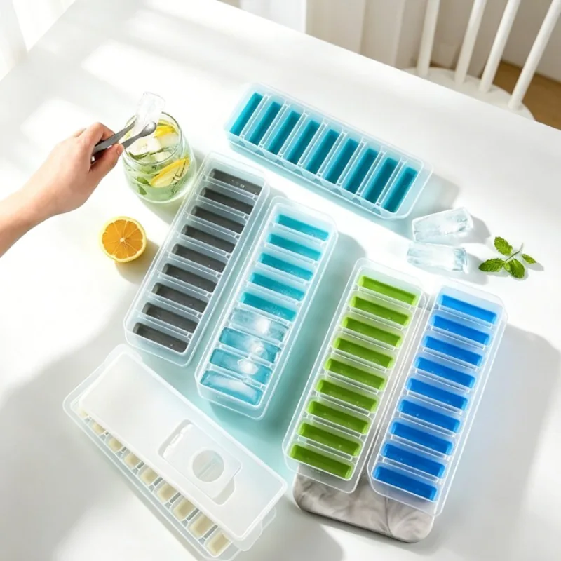 1pc Long Ice Cube Mold With Lid Water Injection Design Household Refrigerator Homemade Ice Making Container Kitchen Freezing