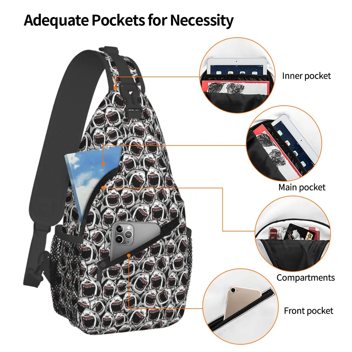 Feeding Frenzy Shark Attack Chest Bag Men Sling Crossbody Backpack Chest Bag Traveling Hiking Daypack Shoulder Bag
