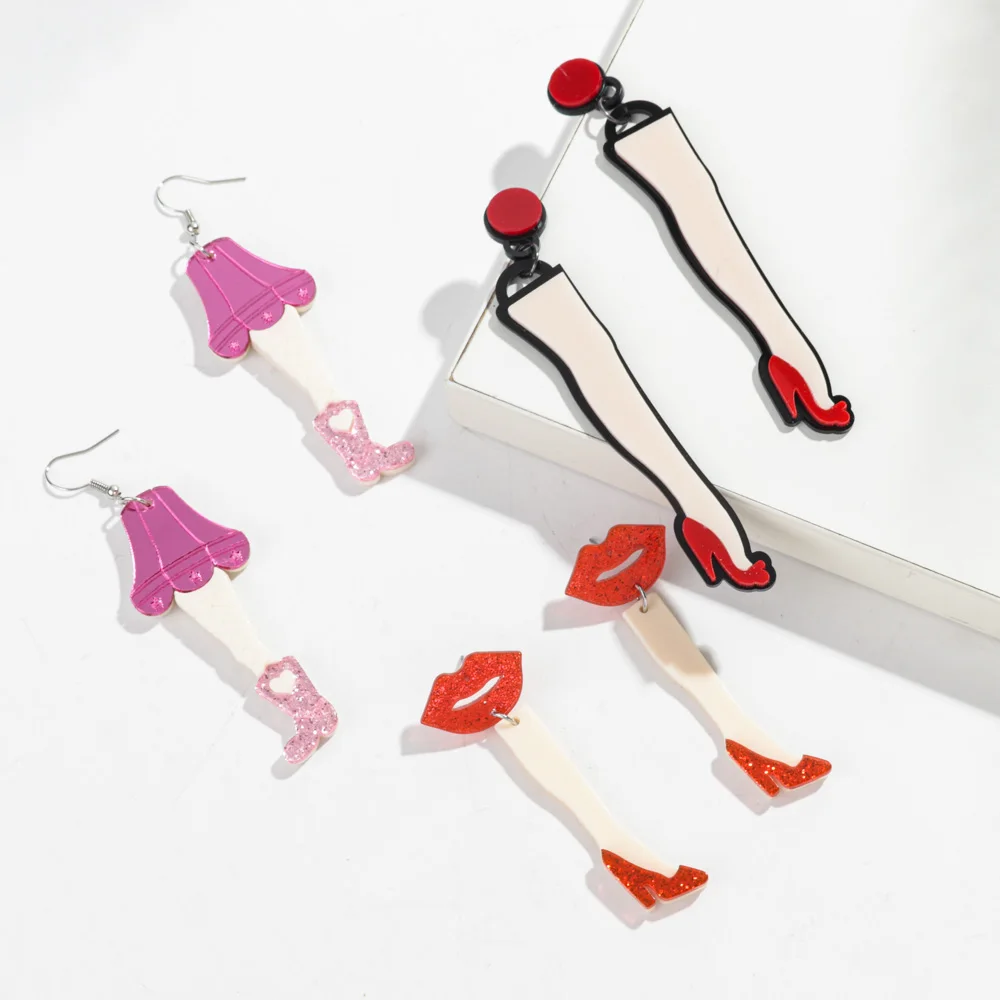 Exaggerated Long Leg High Heel Lips Drop Earrings Glitter Acrylic Leg Pendant Earring for Women Funny Charm Jewelry