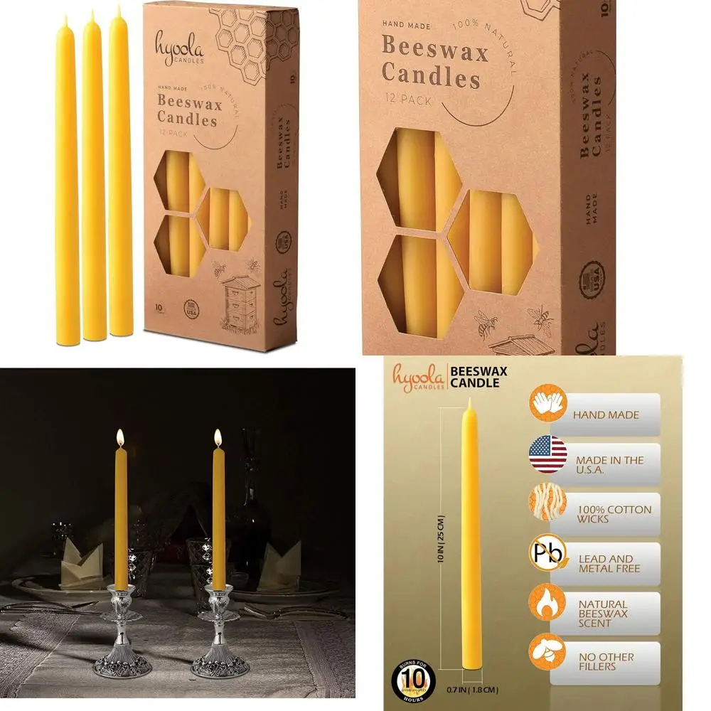 

10 Inch Beeswax Taper Candles - 12 Pack - Handmade, All Natural, 100% Pure Unscented Bee Wax Candle - Tall, Decorative, Golden Y