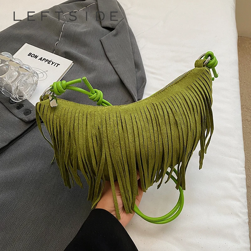 

LEFTSIDE Design Punk Style Tassel PU Leather Shoulder Bags for Women 2025 Tassels New Crossbody Bag Females ​Luxury Handbags