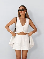 White Cotton Linen Shorts Set for Women Summer V Neck Sleeveless Single Breasted Vest Slim High Waist Shorts Office Lady Suit