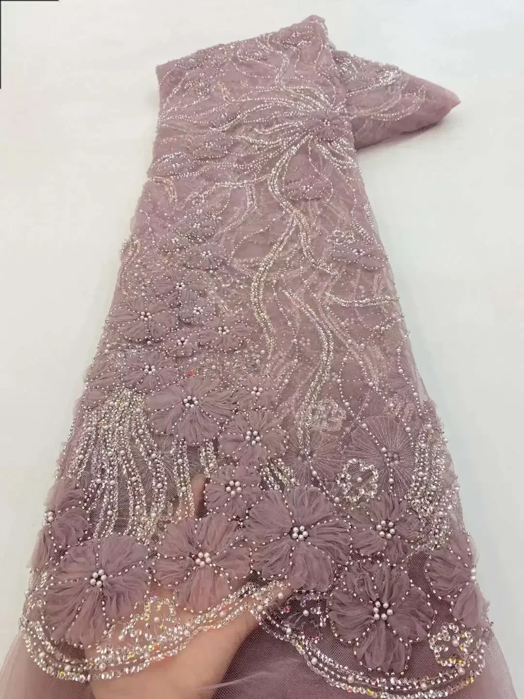 Embroidery Fabric 3D Flowers Crystal Beading Pearls Mermaid Prom Dresses Long Sleeves Pleat Saudi Arabic Evening Gowns dress