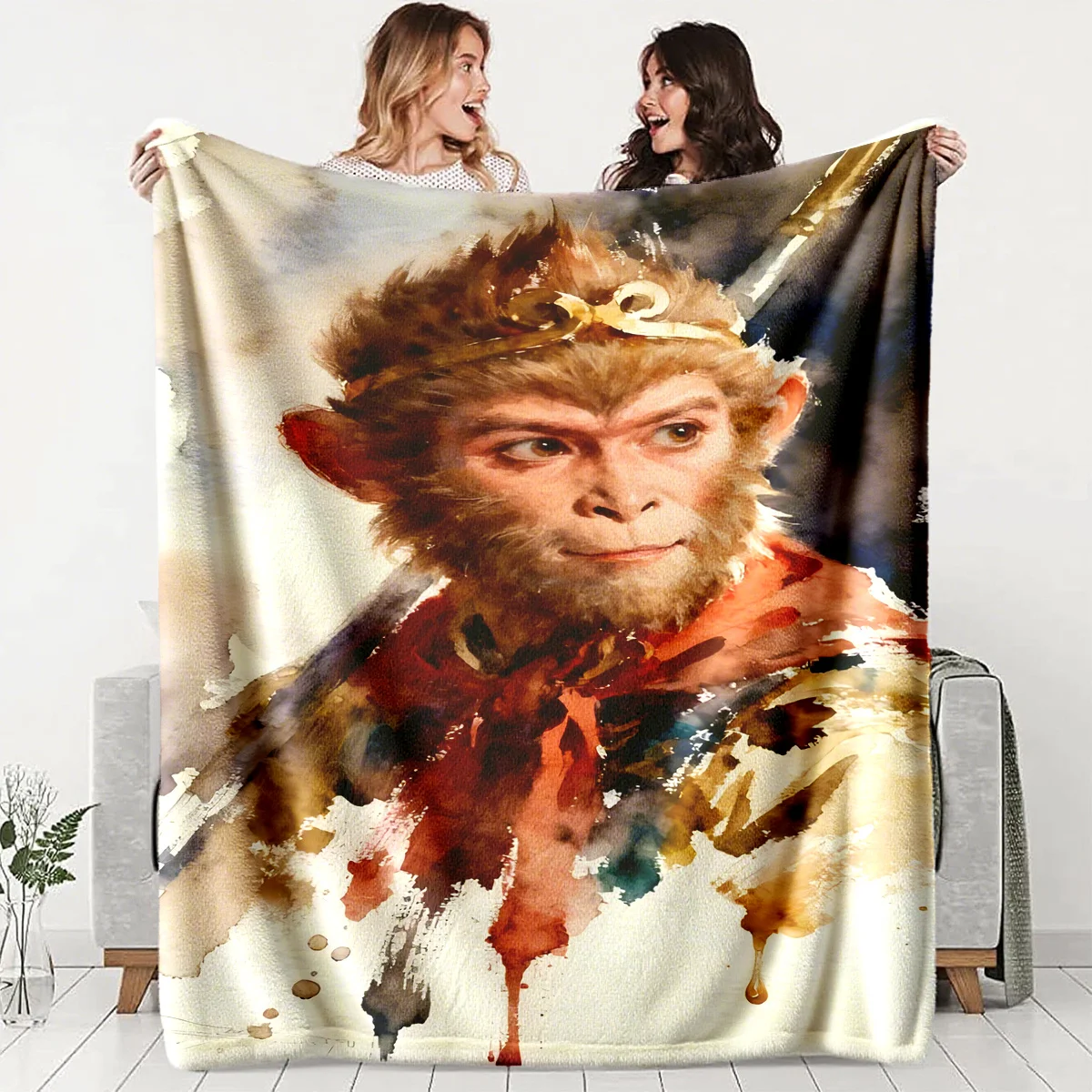 Watercolor depiction of Sun Wukong Flannel printed blanket suitable for all seasons suitable for living room office sofa travel
