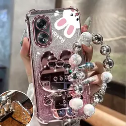 Airbag Glitter Mirror Rabbit Phone Holder Case On For Oppo A5 A9 A15S A16 A16S A17 A18 A35 A38 A53 54S A79 A98 2020 4G 5G Cover