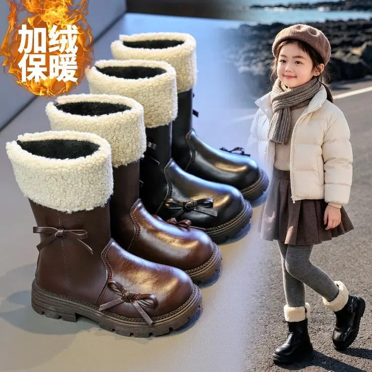 Children Cotton Leather Boots for Girls 2026 Winter New Fashion Korean Style Sweet Bowtie Non-slip Catwalk Chic Trendy Shoes