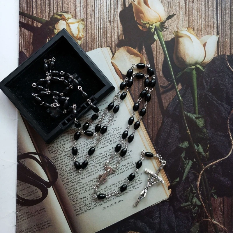 Crystal Glass Rosary Beads Necklace Rosaries Catholic Gift with Medals 6x8mm Black Prayer Bead Catolic Jewelry Present