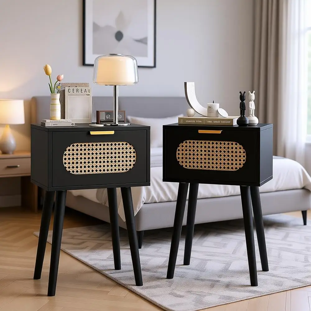 

Pair of Nightstands: Rattan Door Bedside Table and Solid Wood Boho End Table, Ideal for Bedroom or Living Room, Black