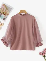 ZANZEA Women Elegant Party Blouse Vintage Mesh Ruffle 3/4 Sleeve Tops 2024 Autumn Stand Collar Shirts Korean Version Loose Tunic - Image 4