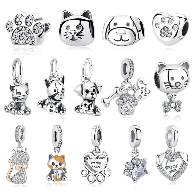 Original 925 Sterling Silver Charm Love Dog Puppy Cat Paw Pendant Charms Fit Brand Bracelets Necklaces Diy Jewelry For Women