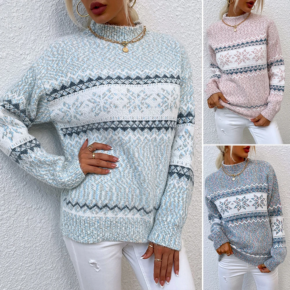 

Женский свитер с рисунком снежинки, свободная водолазка с длинными рукавами, осенний темпераментный повседневный пуловер