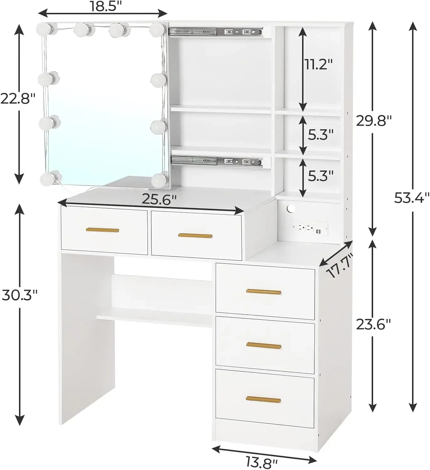 Vanity with Lights, Vanity Table with Charging Station, Vanity Desk with Sliding Mirror and 10 LED Light Bulbs Makeup Table