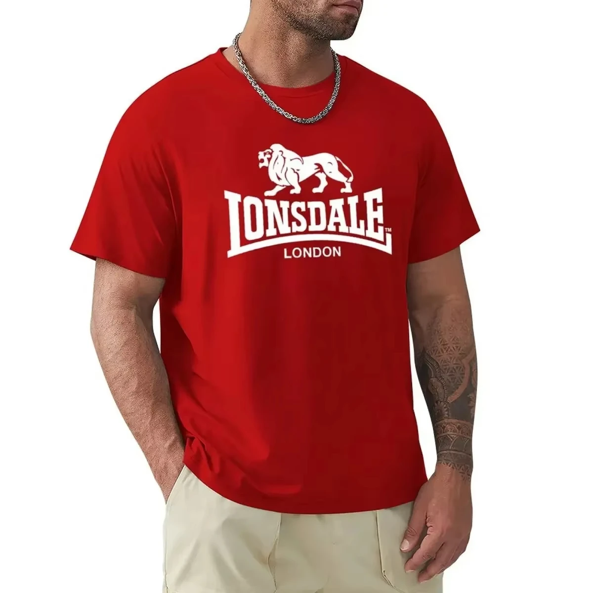 Herren-T-Shirt mit Löwen-Lonsdale-Print, kurzärmelig, locker und bequem, aus reiner Baumwolle, Street-Style, Oversize-Herrenkleidung für den Sommer – Detail 11