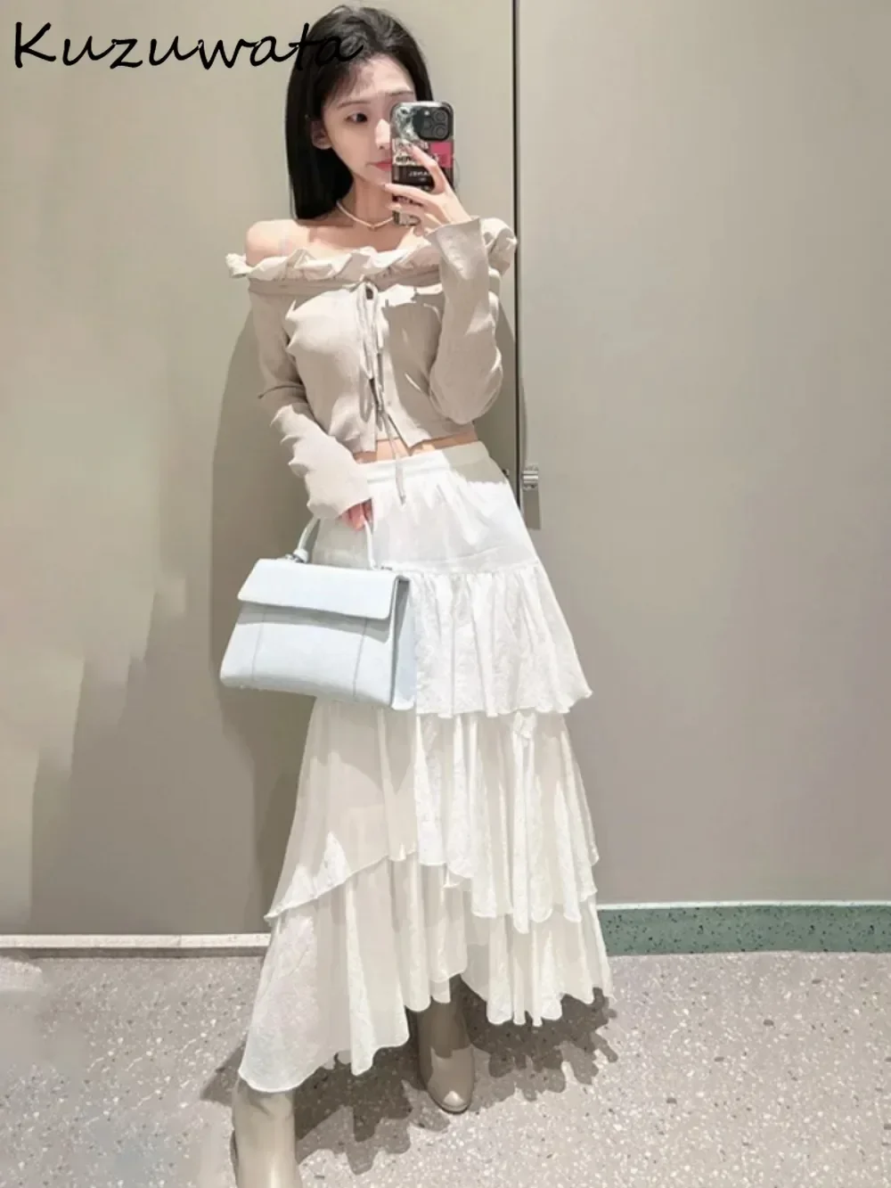 Kuzuwata Autumn New Sweet A-line High Waist Skirt Ruffles Mid-length Stack Irregular Mujer Faldas Japan All-match Chiffon Faldas