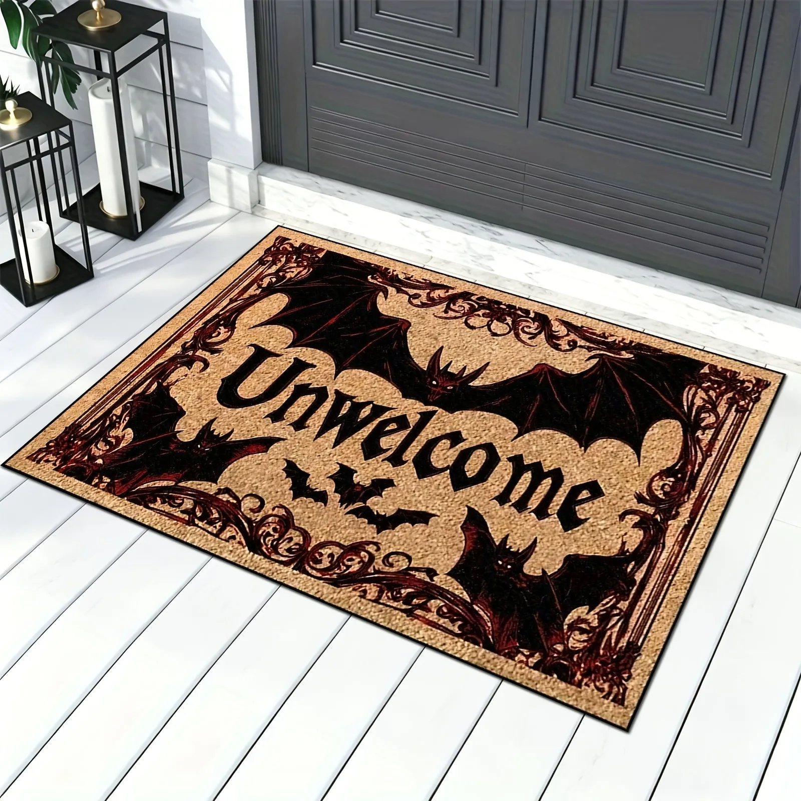 1pc Halloween Welcome Doormat - Non-Slip Soft Plush Heavy-Duty Gothic Bat with Red Lettering Design, Durable Non-Woven Fabric & Rubber Backing Indoor/Outdoor Mat, Suitable for Entryway, Porch, Garden Decor, 24