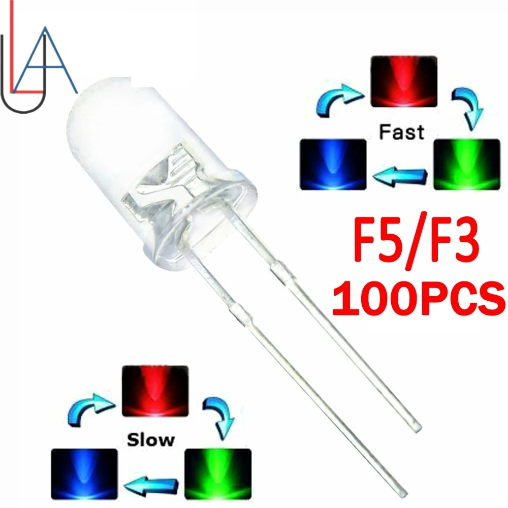 50PCS/100PCS/lot F5 5mm F3 3mm Fast/Slow RGB Flash Red Green Blue Rainbow Multi Color Light Emitting Diode Round LED Full Color