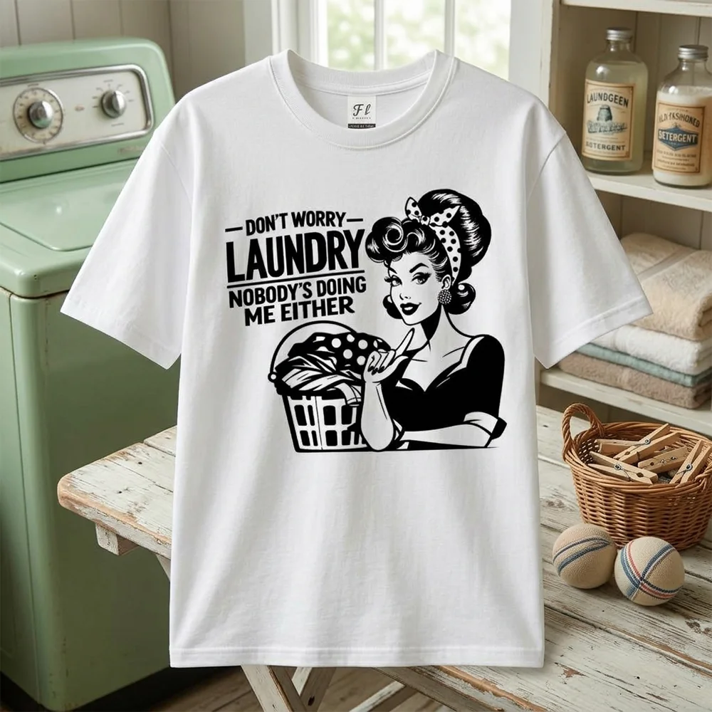 Womens Funny Laundry Graphic T Shirts Vintage Housewife Print Short Sleeve Casual Cotton Summer Tee Tops