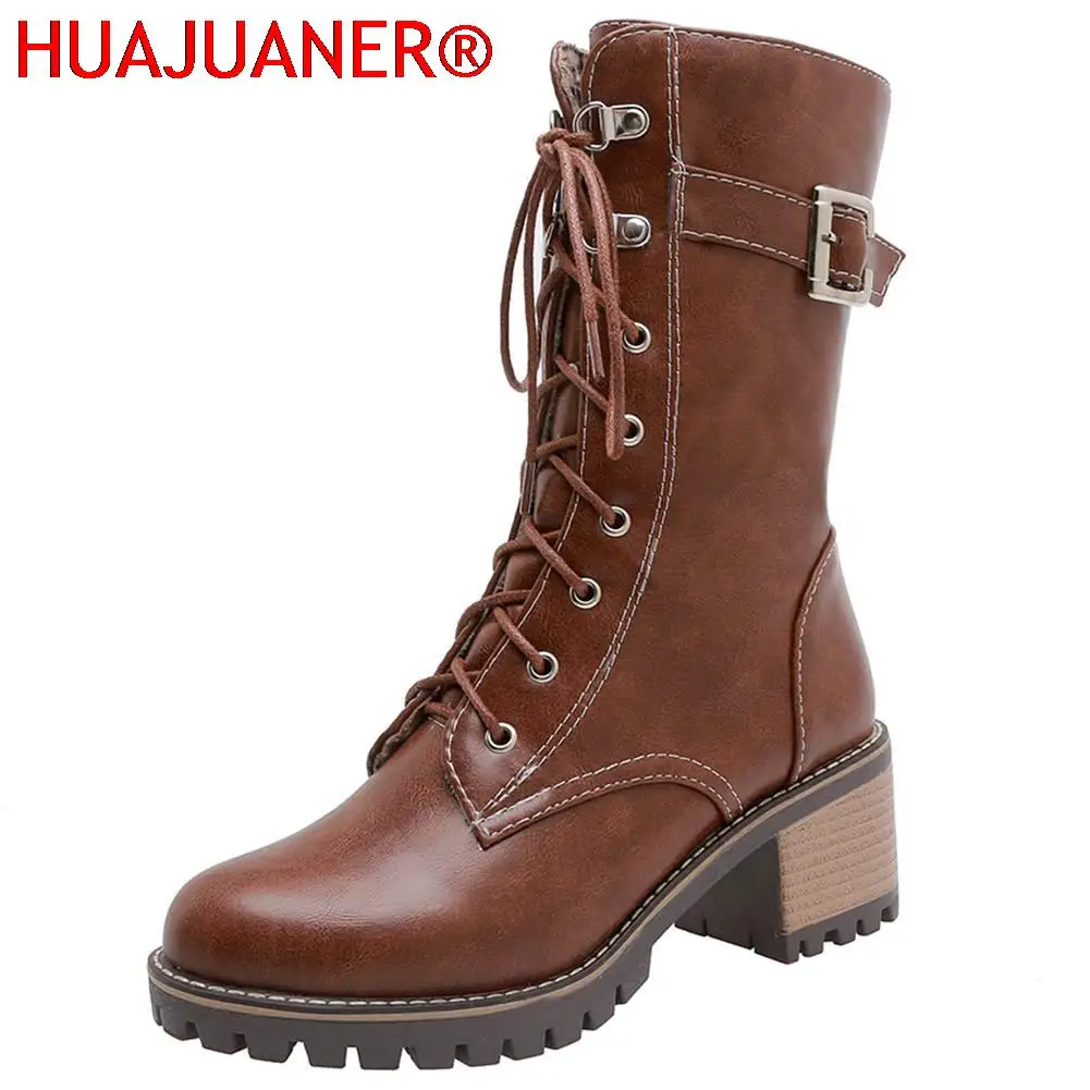 

HUAJUANER 2025 Big Size 45 Autumn Winter Shoes High Quality Leather Boots Women Fashion non-slip Shoelaces Motorcycles Boots