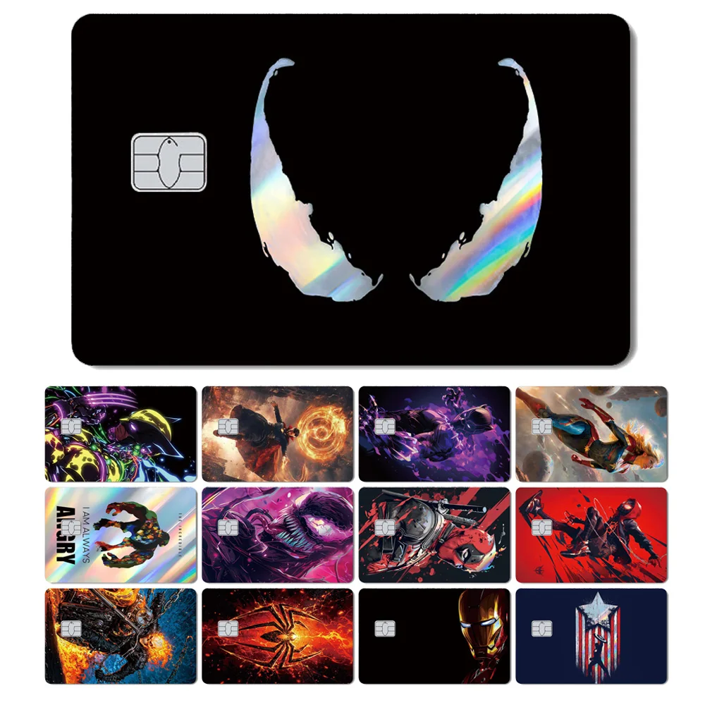 Tiburón mágico Deapool Venom Spiderman Capitán americano Ironman película adhesiva holográfica brillante piel para tarjeta de crédito de débito No se decolora