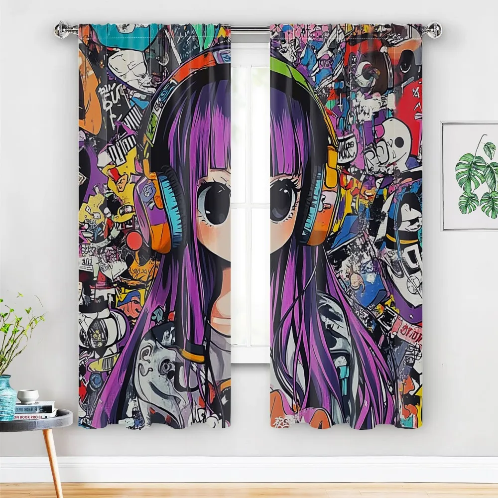 Cute Anime Manga Pop Art Graphic Curtains Set 2pcs Colorful Pop Culture Graffiti Window Room Decor for Bedroom