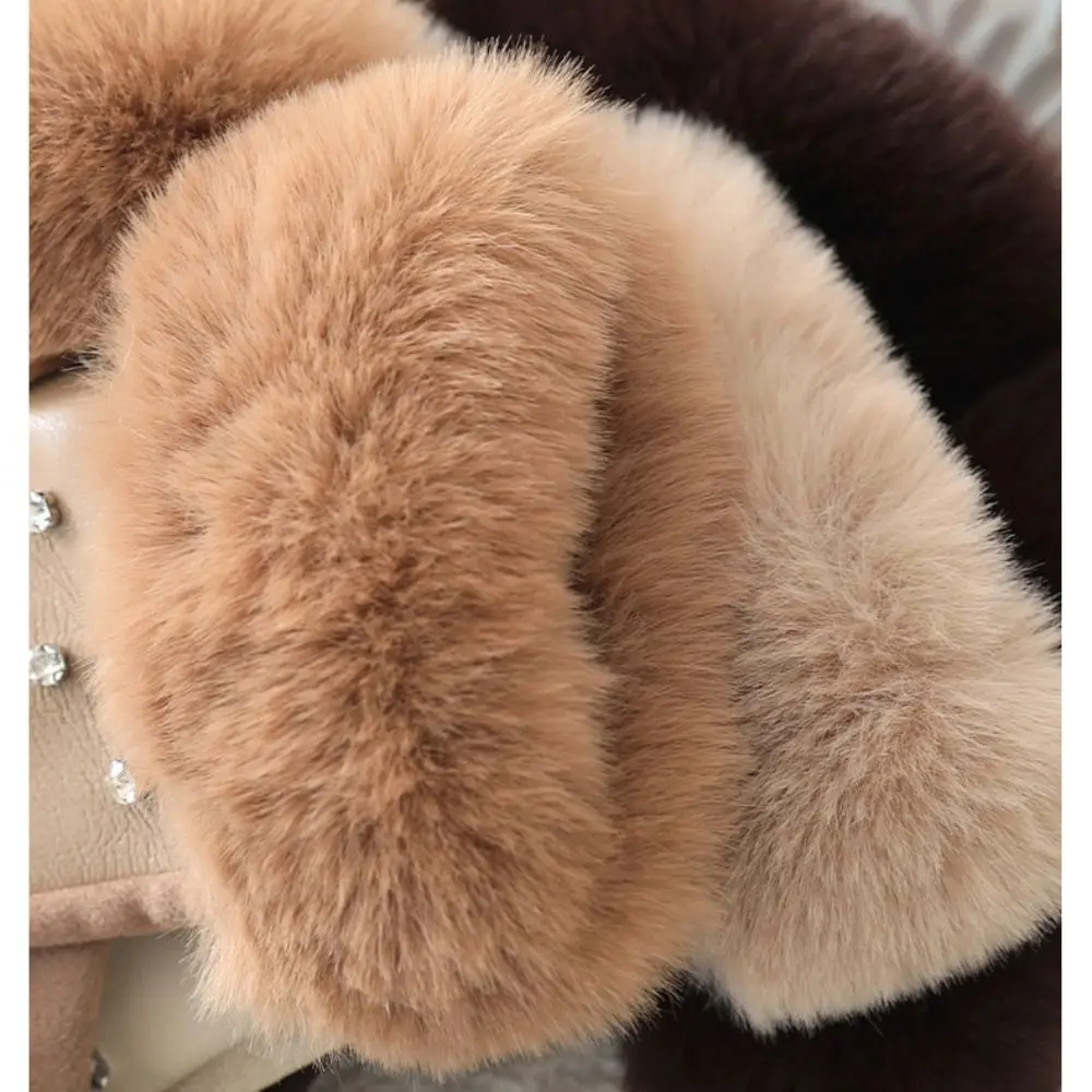 Fashion Faux Fur Trim Cuff PU Leather Gloves Lined Touchscreen Winter Thermal Gloves Rhinestone Windproof Warm Gloves for Women