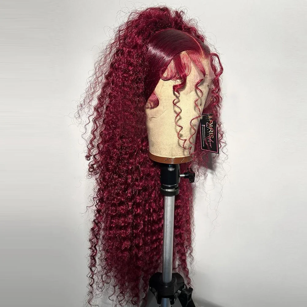 Synthetic Hair Curly Burgundy Red 26Inches Transparent Lace Front Wigs for Black Women Glueless  Cosplay Lolita Wigs