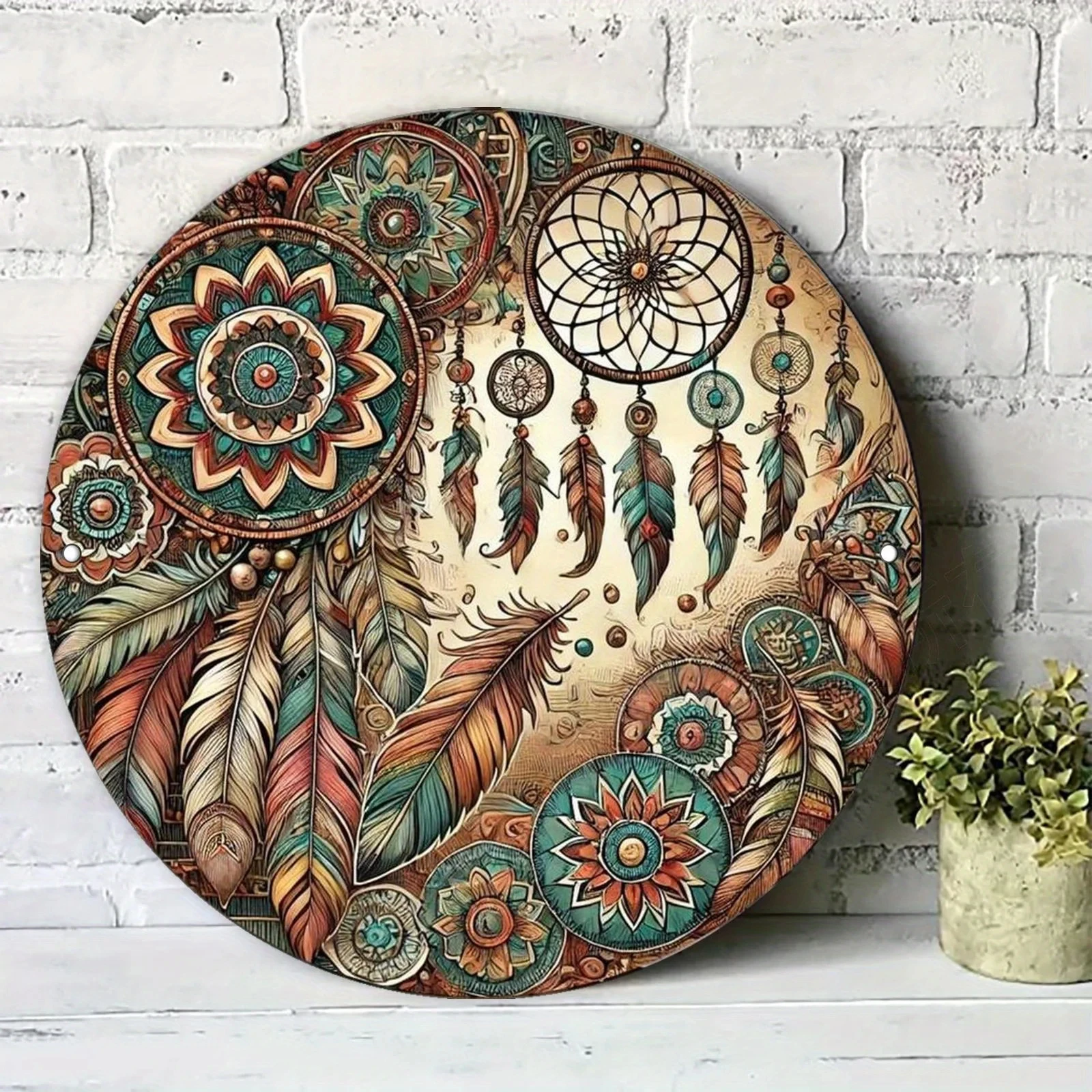 2D Flat Surface, 2D Flat Circular Metal Sign, Bohemian Style Dreamy Mandala Circular Aluminum Plate Painting, Suitable for Living Room, B