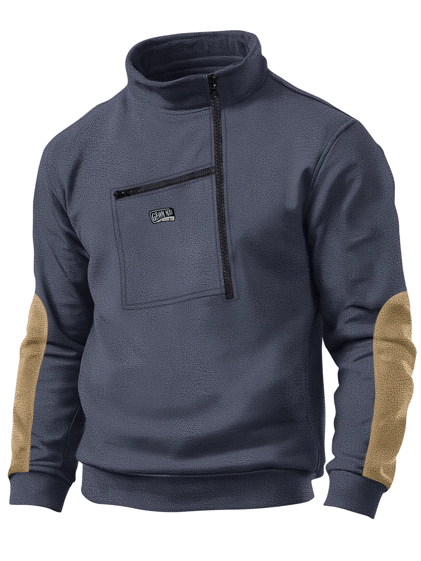 Men's autumn/winter casual polar fleece stand collar half-zip long sleeve tactical pocket embroidered hoodie jumper