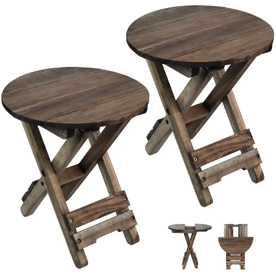 

Patio Table, Outdoor Folding Side Table, Portable Accent Coffee End Table, Wood Top for Living Room, Bedroom Round WalnutSet of
