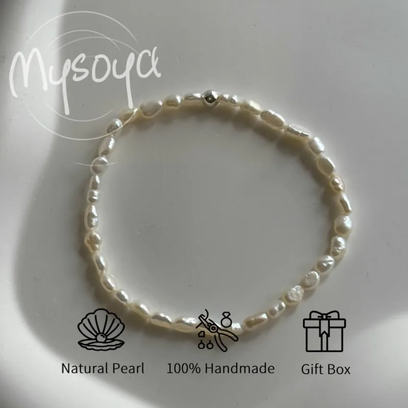 

MYSOYA Белый браслет из пресноводного жемчуга в стиле барокко 3-4 мм с подарочной коробкой для него/е дня рождения/свадьбы/Рождества/новогодний подарок