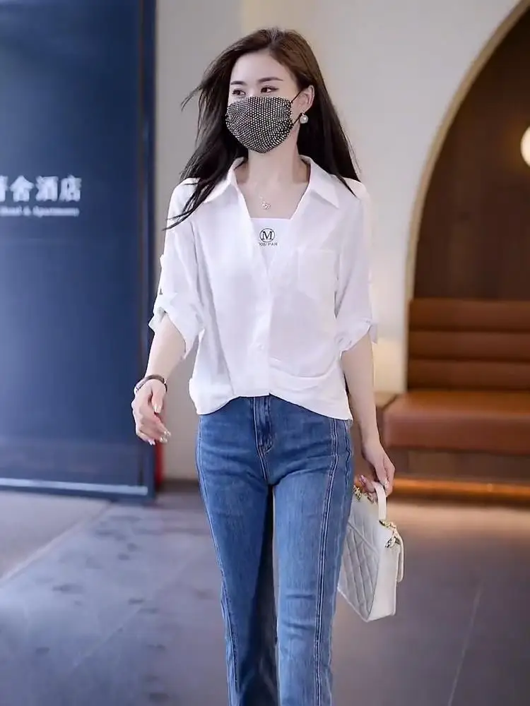 Fake Two-piece White Shirt for Women 2025 Summer New Loose Slim Top