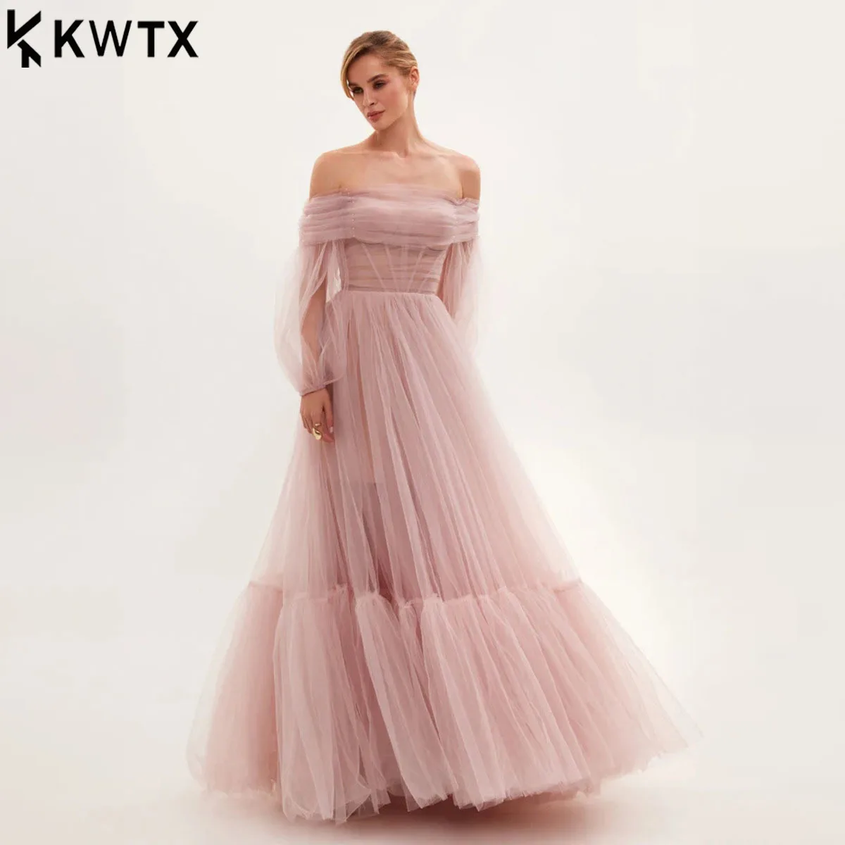 Elegancka suknia wieczorowa bez ramiączek KWTX, długie rękawy z siateczki, suknia na wesele/przyjęcie, minimalistyczny design na wiosnę/lato 2026, styl biurowy i streetwear