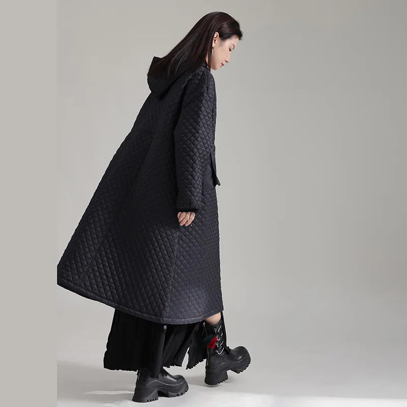 Argyle-Veste matelassurera longue pour femme, Parkas noires, Manteau à capuche, Fermeture éclair, Volants, Poches décoratives, Vêtements